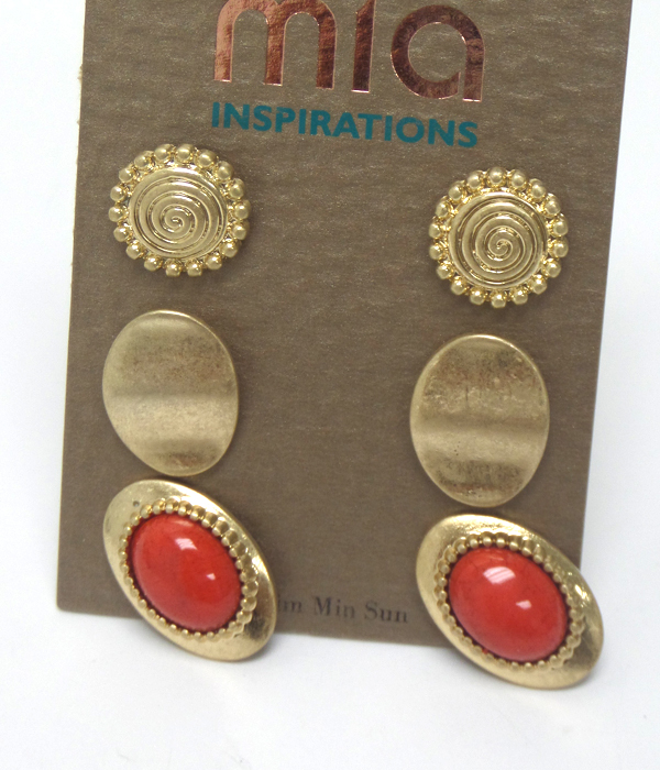 Textured metal with stone three pair earrings 