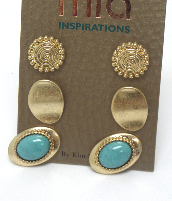 Textured metal with stone three pair earrings 