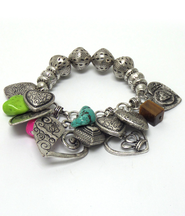 Metal multi design charm hearts and stones bracelet 
