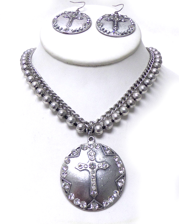 Textured metal layer beads and chain cross necklace set
