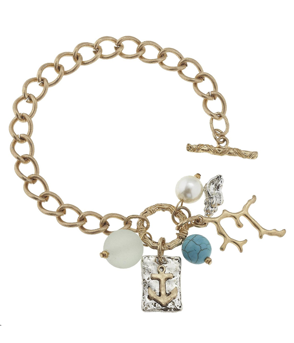 Anchor and coral charm toggle bracelet