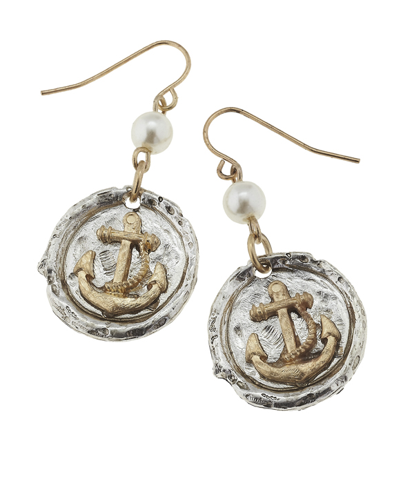 Handmade anchor and pearl drop earring