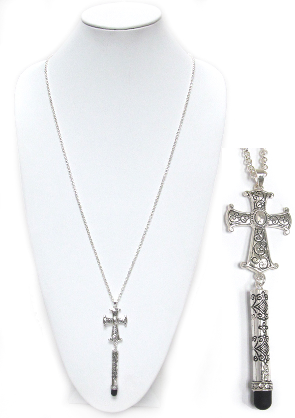Cross and stylus pen long necklace