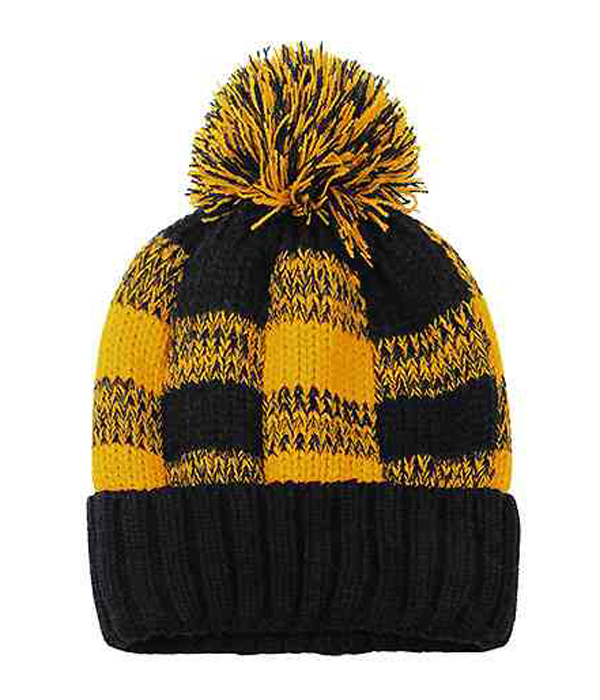 BUFFALO PLAID CHECK POMPOM BEANIE HAT - 100% ACRYLIC