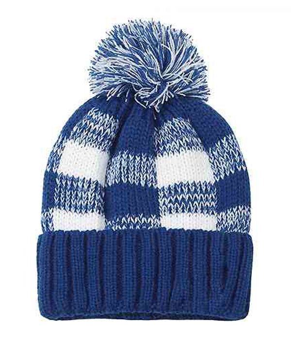 Buffalo plaid check pompom beanie hat - 100% acrylic