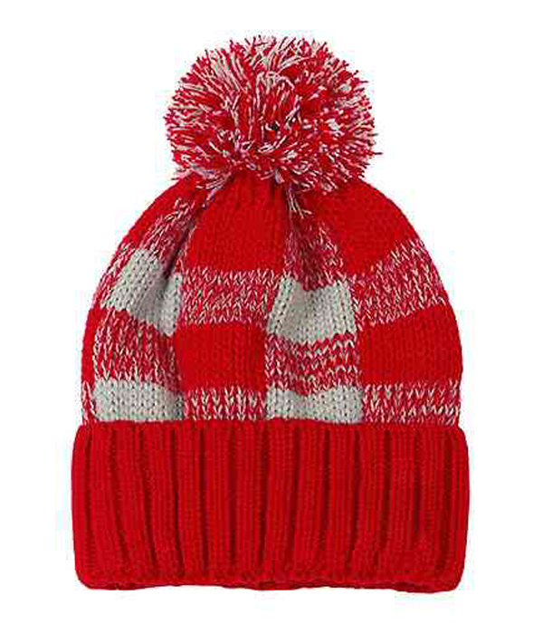 BUFFALO PLAID CHECK POMPOM BEANIE HAT - 100% ACRYLIC