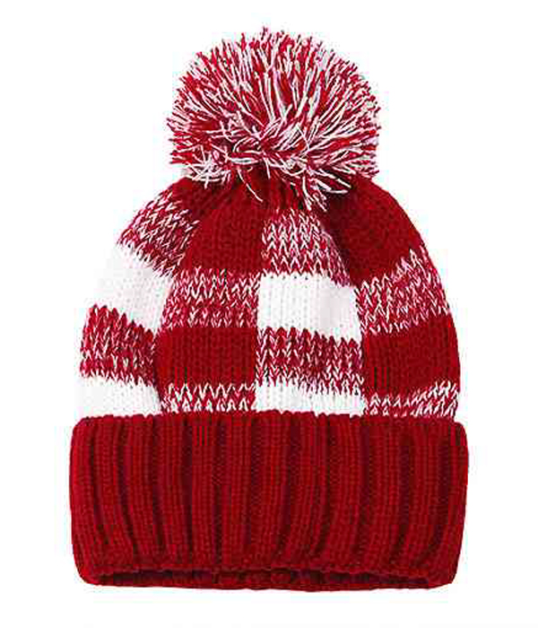 BUFFALO PLAID CHECK POMPOM BEANIE HAT - 100% ACRYLIC