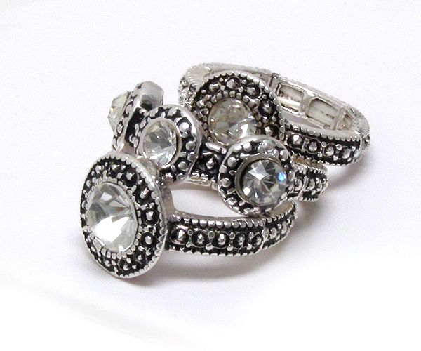 Crystal and metal textured deco 3 stackable stretch ring set