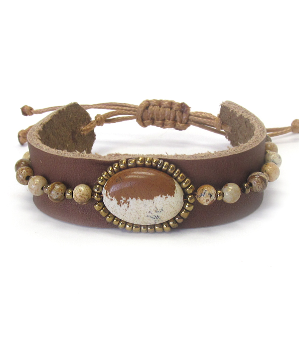 Genuine picture jasper stone and leather pull tie bracelet