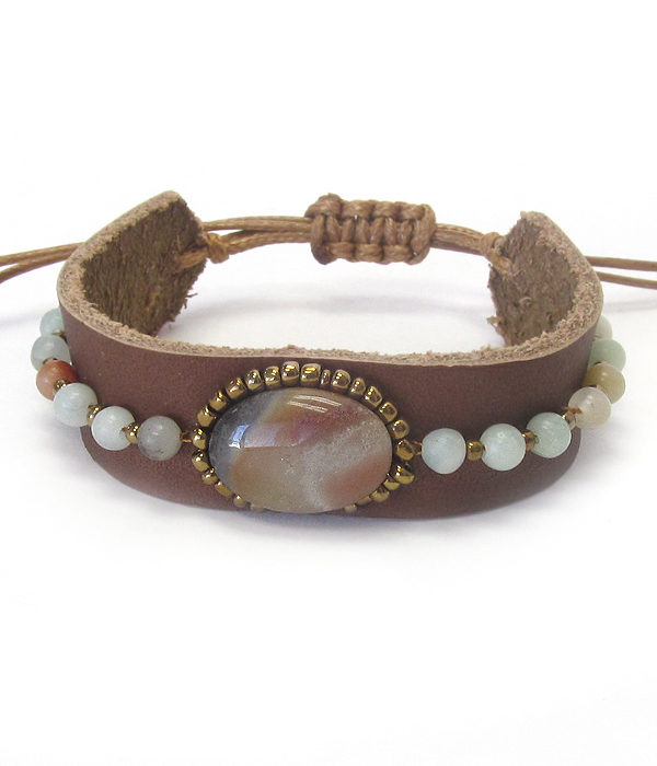 Genuine amazonite stone and leather pull tie bracelet