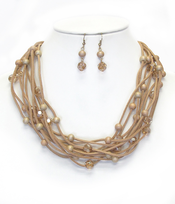 Multi facet stone and suede cord mix necklace set