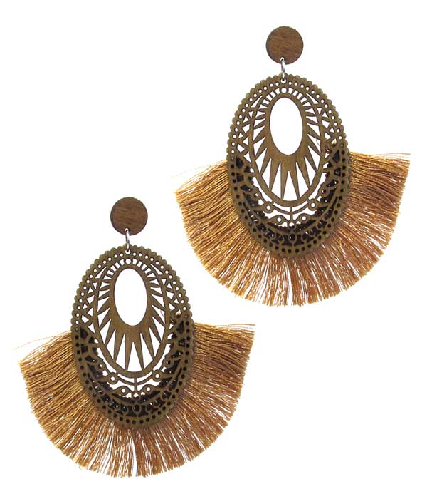 LASER CUT WOOD AND FAN TASSEL EARRING - OVAL