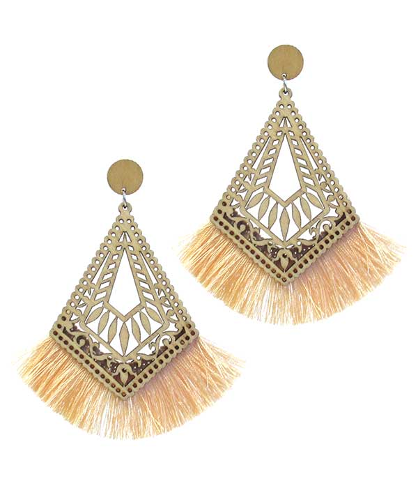 Laser cut wood and fan tassel earring