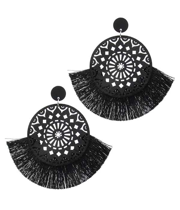 LASER CUT WOOD AND FAN TASSEL EARRING - ROUND