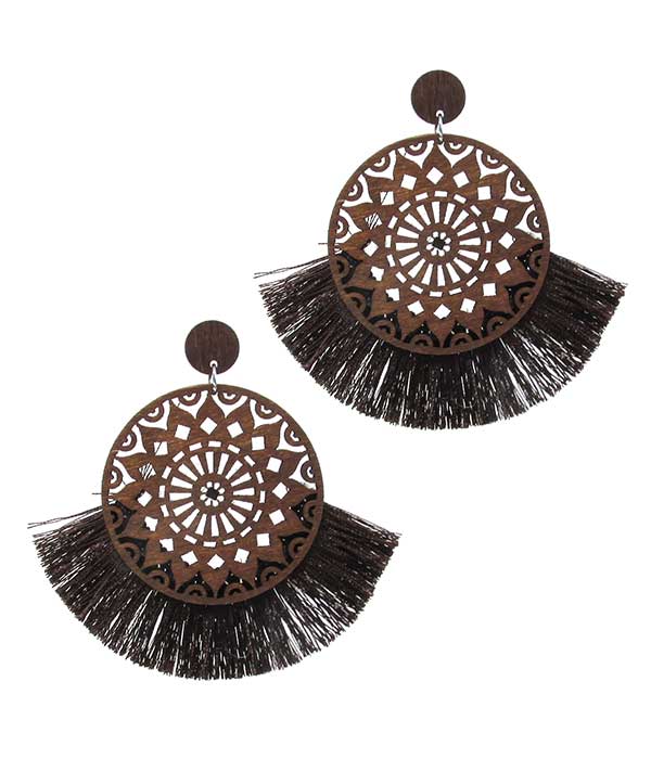 Laser cut wood and fan tassel earring - round
