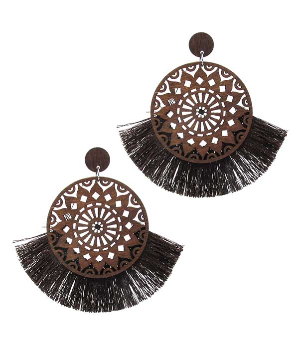 LASER CUT WOOD AND FAN TASSEL EARRING - ROUND