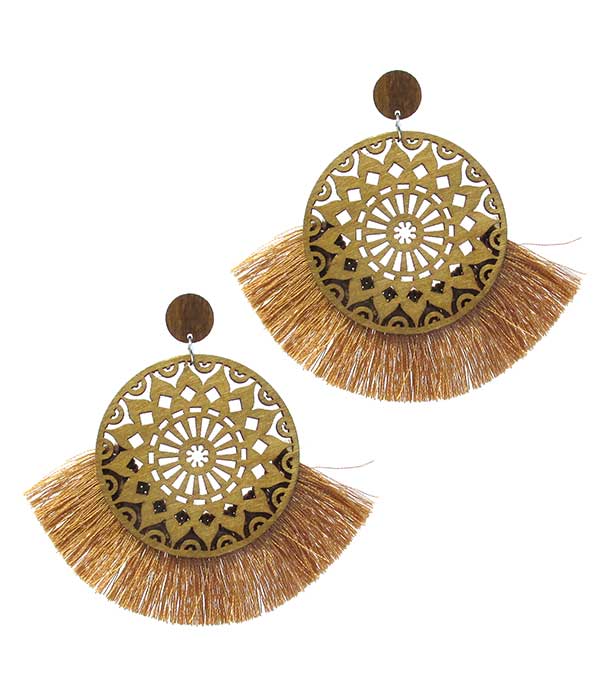Laser cut wood and fan tassel earring - round