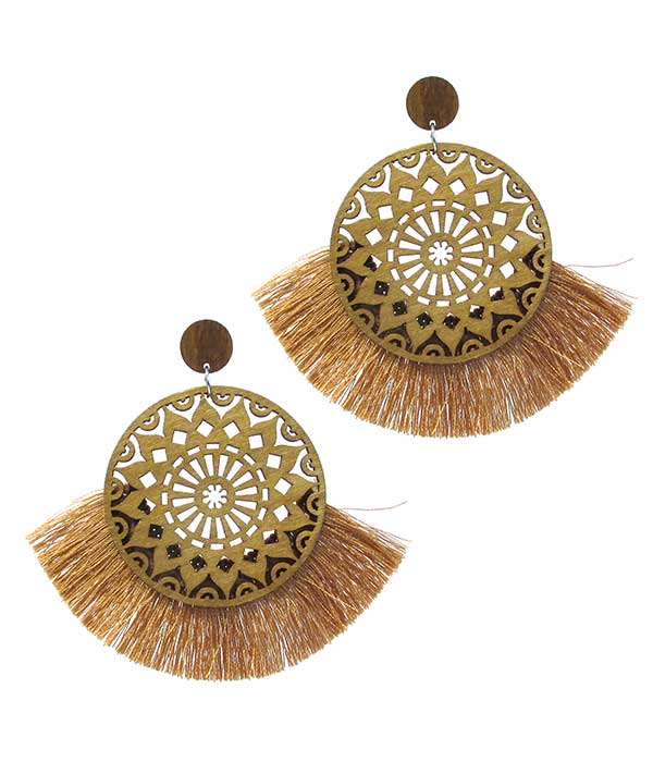 LASER CUT WOOD AND FAN TASSEL EARRING - ROUND