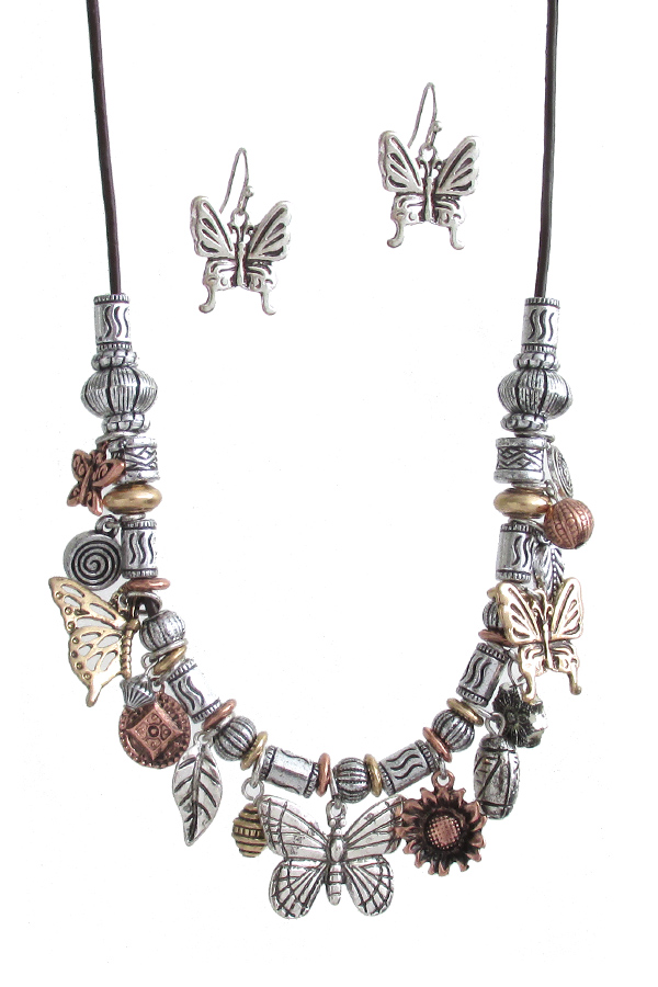 VINTAGE RUSTIC GARDEN THEME MULTI CHARM CORD NECKLACE SET - BUTTERFLY