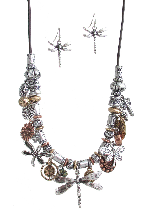 VINTAGE RUSTIC GARDEN THEME MULTI CHARM CORD NECKLACE SET - DRAGONFLY