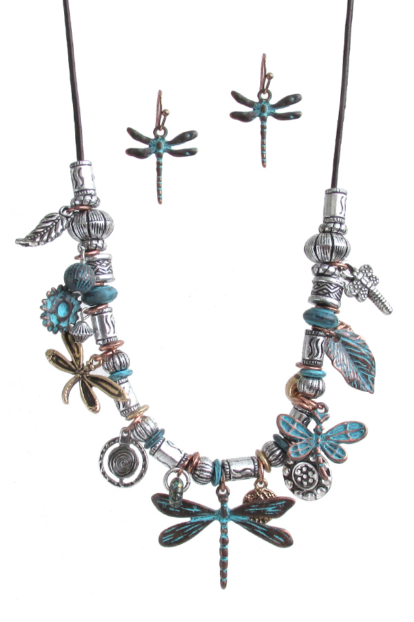 VINTAGE RUSTIC GARDEN THEME MULTI CHARM CORD NECKLACE SET - DRAGONFLY