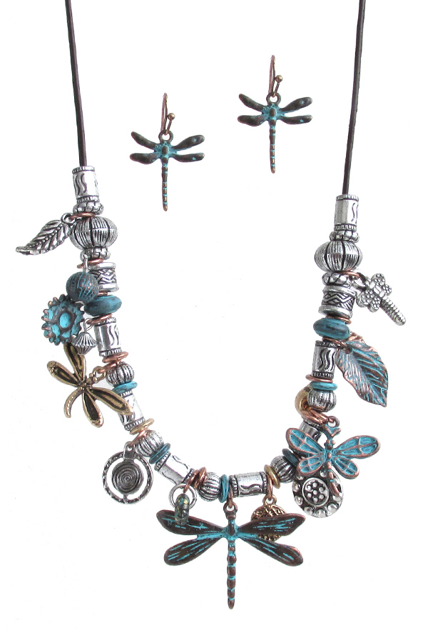 Vintage rustic garden theme multi charm cord necklace set - dragonfly
