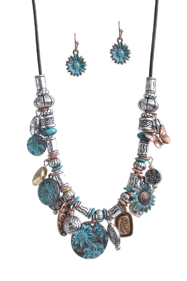 VINTAGE RUSTIC GARDEN THEME MULTI CHARM CORD NECKLACE SET - FLOWER