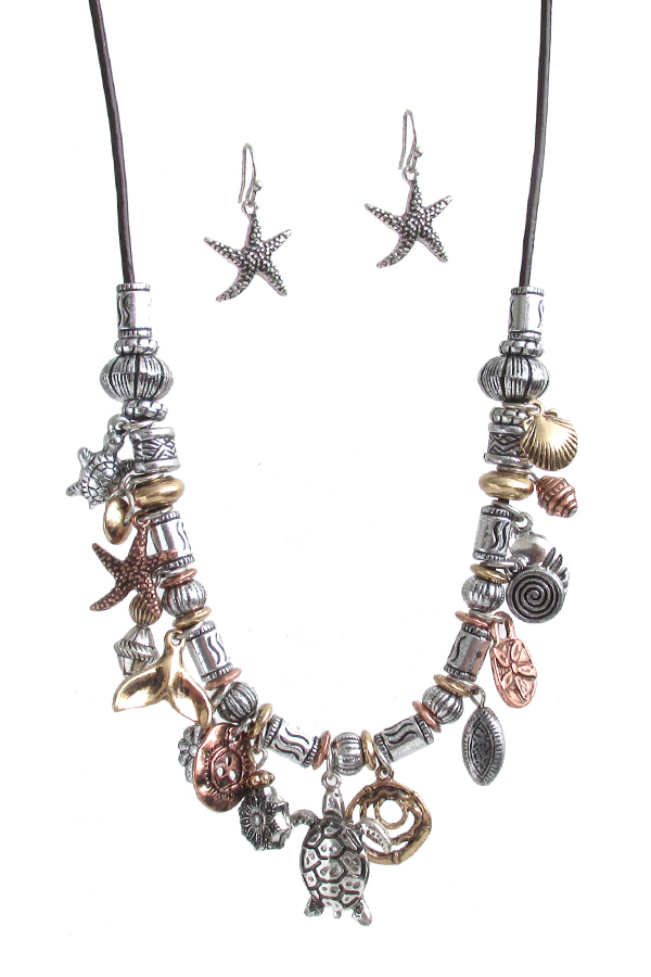 VINTAGE RUSTIC SEALIFE THEME MULTI CHARM CORD NECKLACE SET - TURTLE