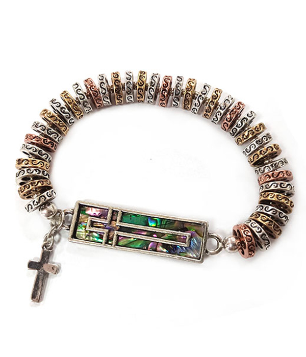 ABALONE CROSS MULTI METAL RING STRETCH BRACELET