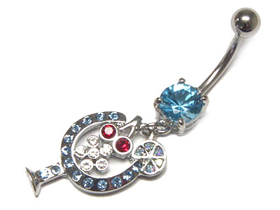 Made in korea whitegold plating crystal ball and cocktail glass dangle belly charm - surgical steel post body jewelry