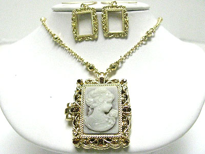 Crystal and metal filigree cameo locket pendant necklace set