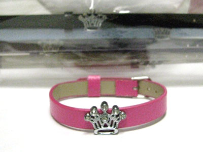 SELL BY DOZEN - MIXED COLOR 12 PC CRYSTAL CROWN LEATHER BAND BRACELET