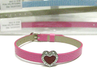 SELL BY DOZEN - MIXED COLOR 12 PC CRYSTAL HEART LEATHER BAND BRACELET