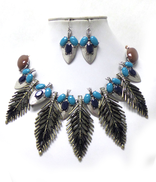 Multi stones and crystals feather drop necklace set