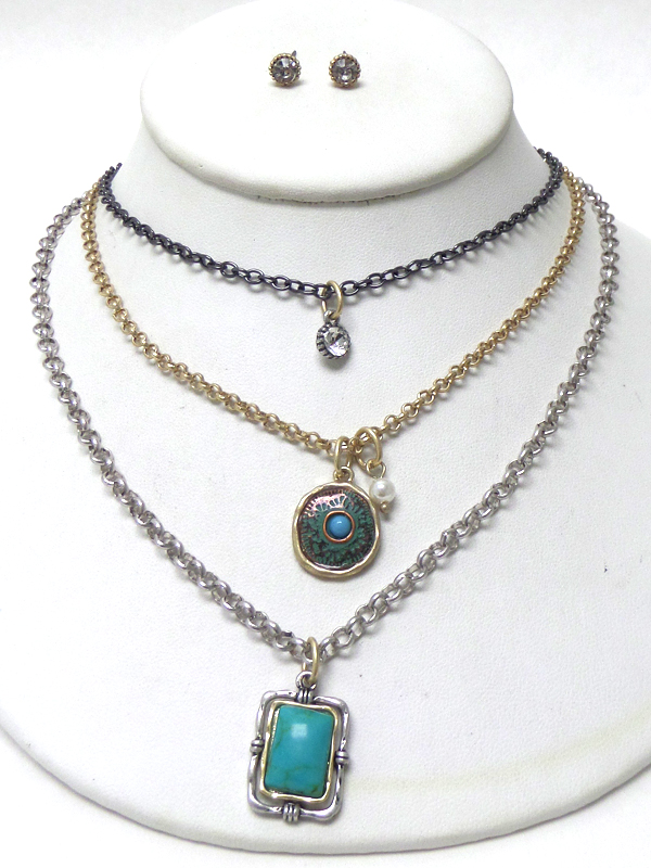 Three layer turquoise burnish silver stone necklace set