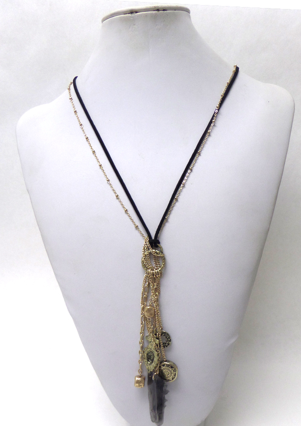 MULTI CHAIN TASSEL AND CHARM DROP LONG NECKLACE