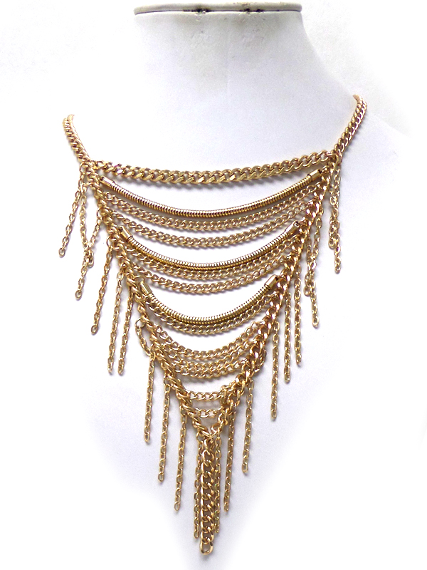 MULTI METAL CHAIN LINK AND DROP BIB NECKLACE