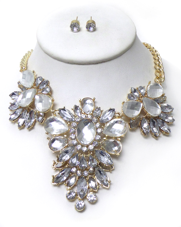 Flower with multi crystals drop necklace set 