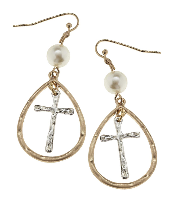 Handmade cross and teardrop earring