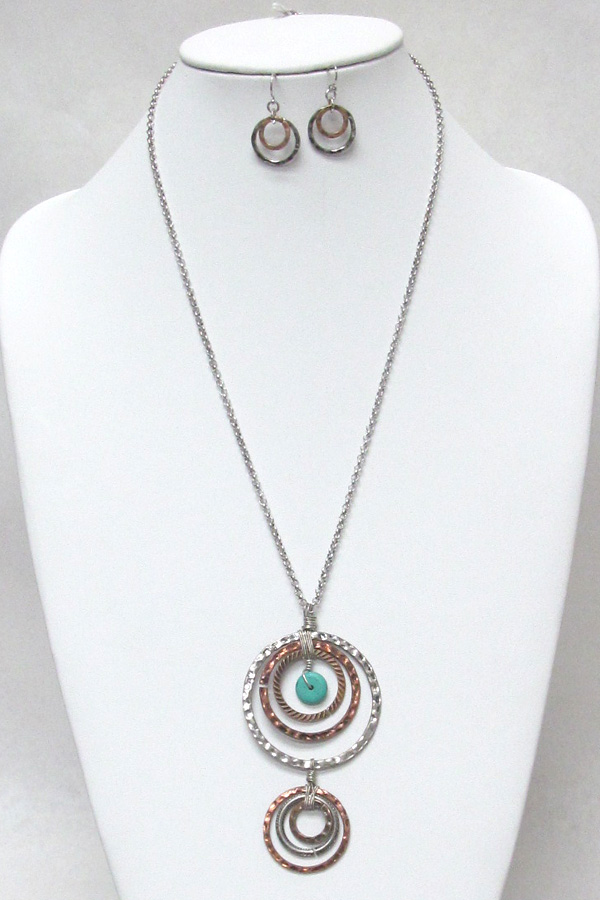 Textured multi ring drop long necklace set