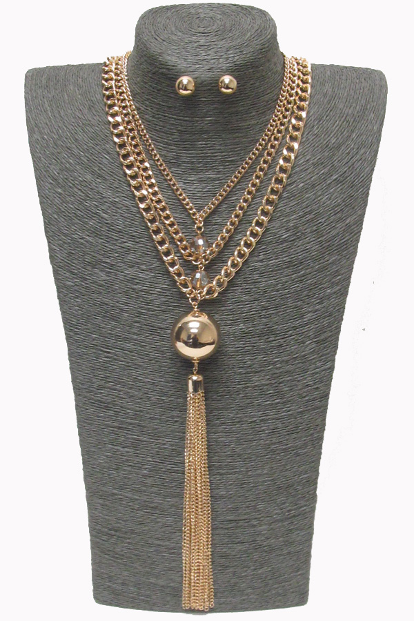 Multi layer and metal ball and chain tassel drop necklace set