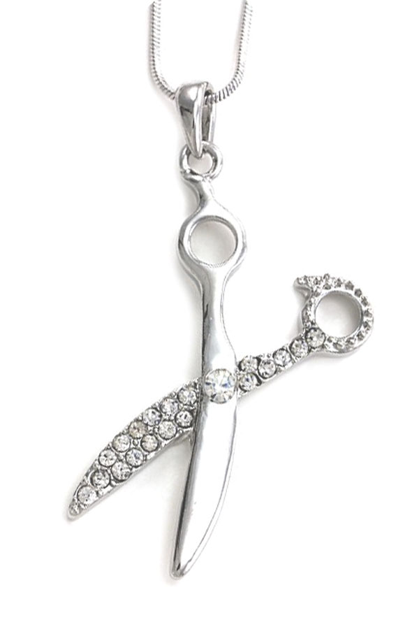 WHITEGOLD PLATING CRYSTAL STUD LARGE SCISSORS PENDANT NECKLACE