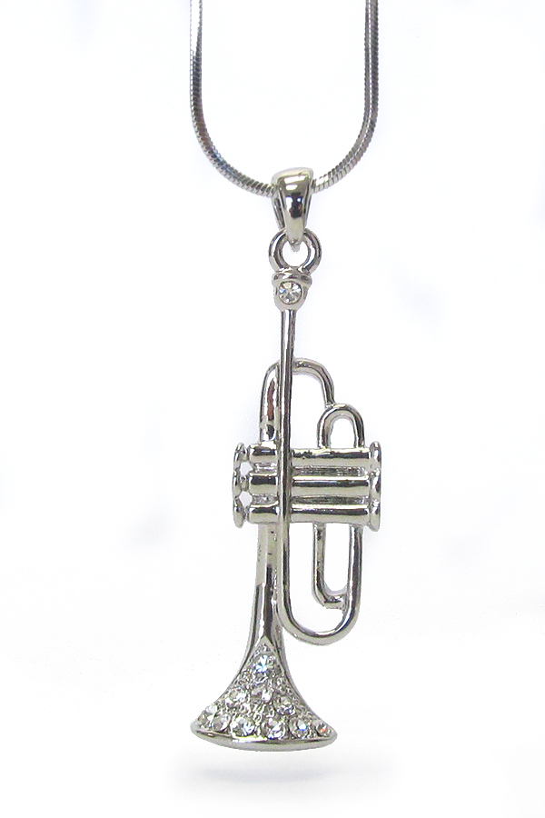 WHITEGOLD PLATING CRYSTAL MUSIC THEME TRUMPHET PENDANT NECKLACE