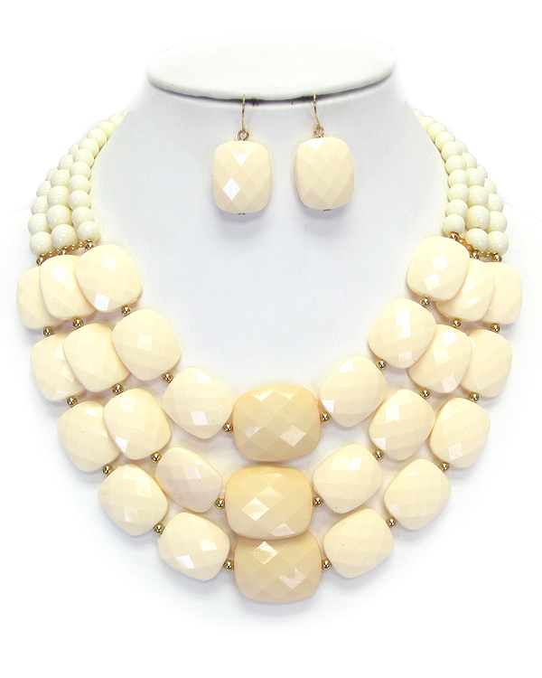 MULTI FACET ACRYLIC STONE LINK 3 LAYERED NECKLACE EARRING SET