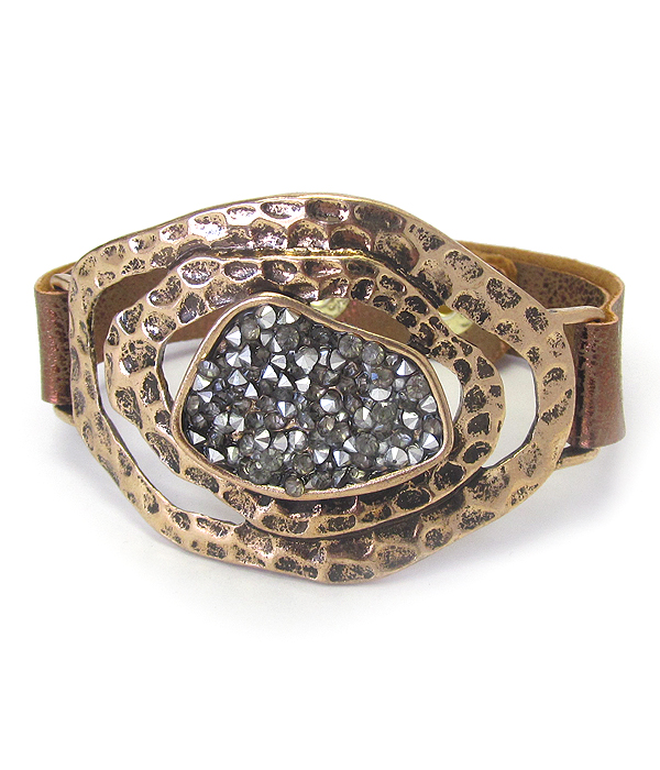 Textured metal and leather band bracelet - oval