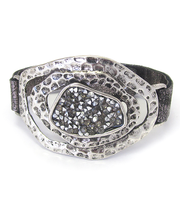 Textured metal and leather band bracelet - oval