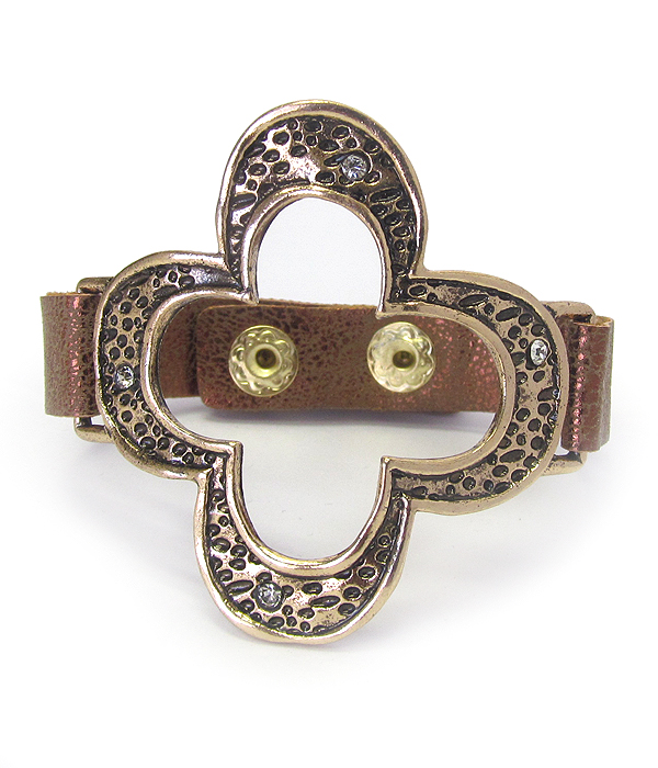 Textured metal and leather band bracelet - quattrofoil