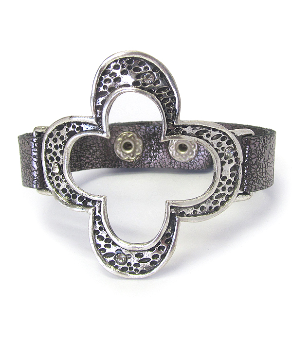 Textured metal and leather band bracelet - quattrofoil