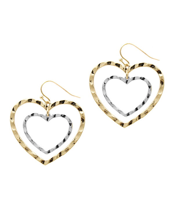 HAMMERED DOUBLE HEART DANGLE DROP EARRING