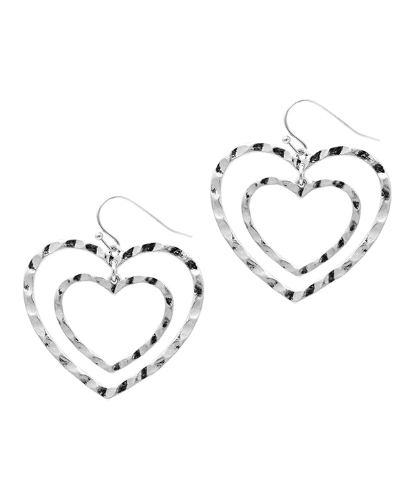 HAMMERED DOUBLE HEART DANGLE DROP EARRING